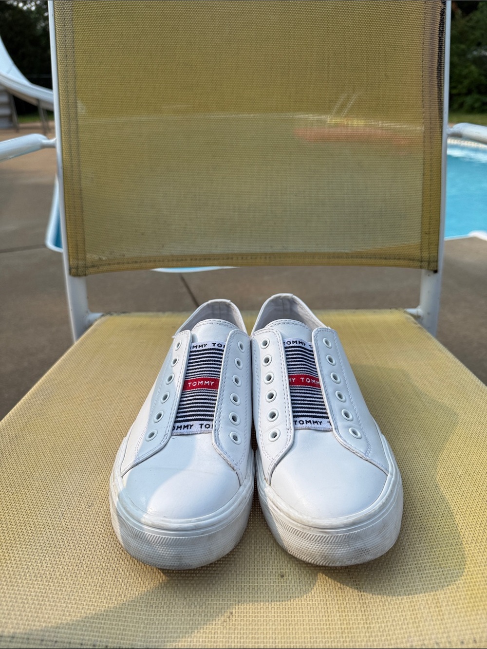 Tommy Hilfiger White Slip-On Sneakers with Navy & Red Stripe Elastic